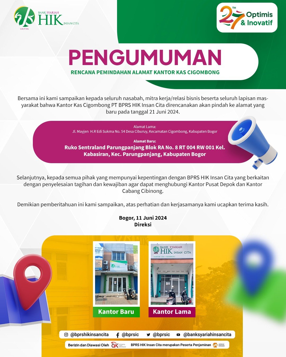Pengumuman Penting: Kantor Kas Cigombong PT BPRS HIK Insan Cita Akan Pindah ke Alamat Baru