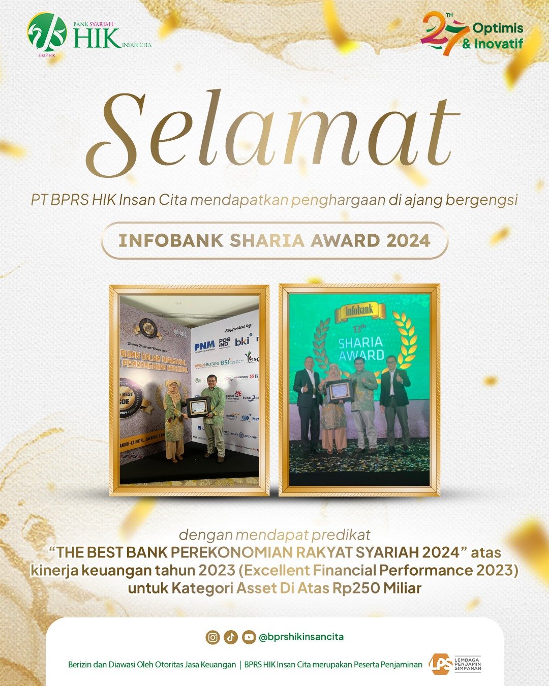 Bank Syariah HIK Insan Cita Raih Penghargaan INFOBANK SHARIA AWARD 2024 dengan Predikat: The Best Bank Perekonomian Rakyat Syariah 2024