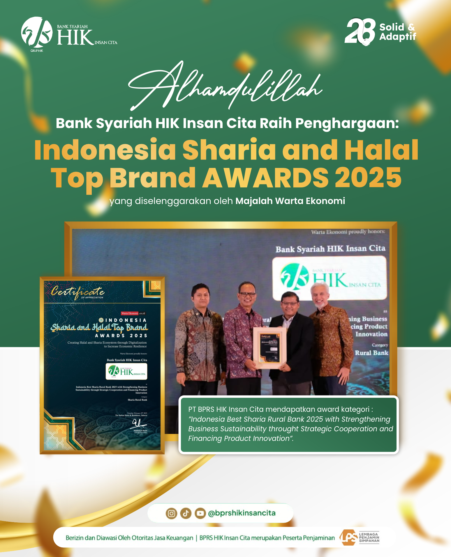 Bank Syariah HIK Insan Cita Raih Penghargaan Indonesia Sharia and Halal Top Brand AWARDS 2025