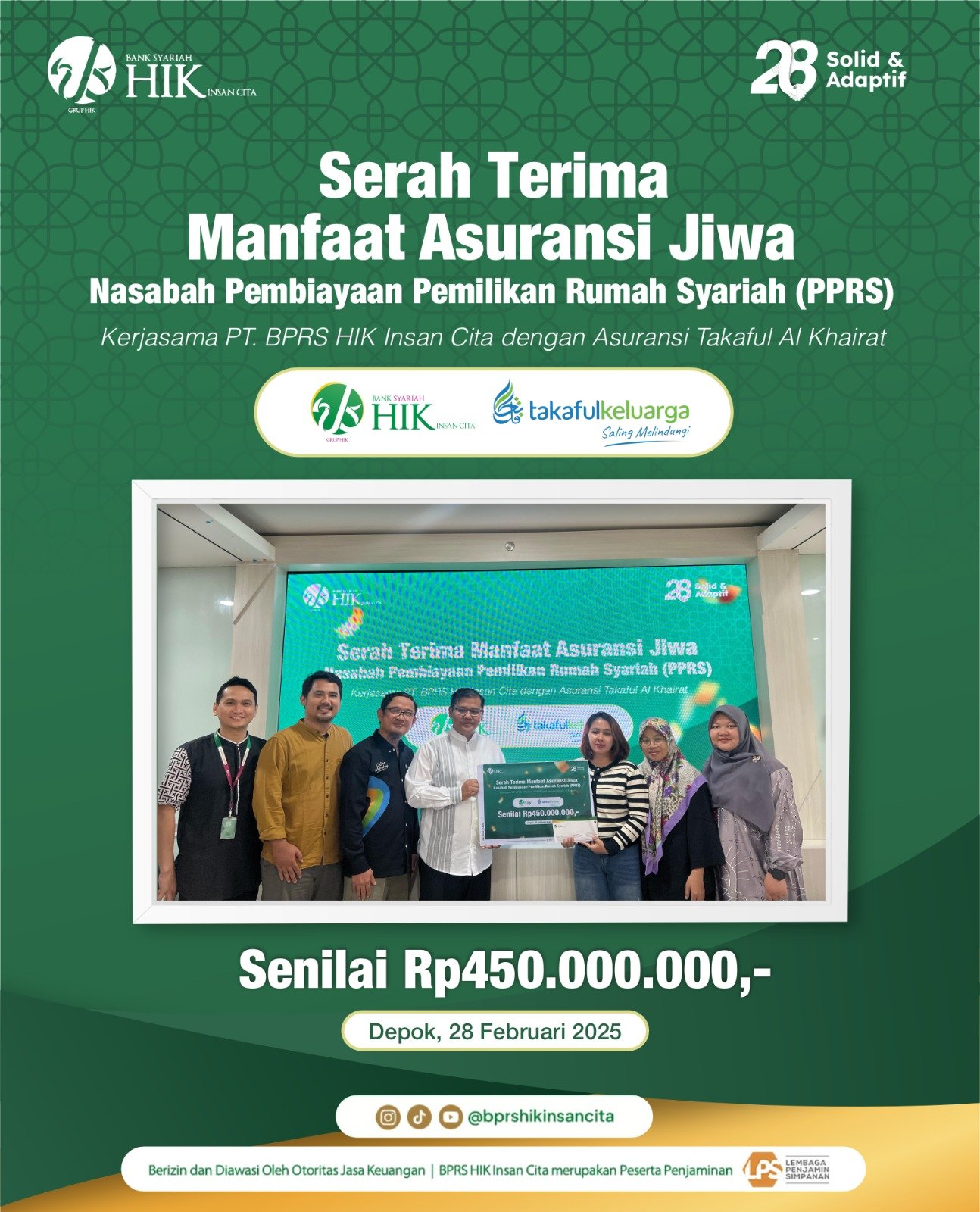 Serah Terima Manfaat Asuransi Jiwa Nasabah Pembiayaan Pemilikan Rumah Syariah (PPRS)  