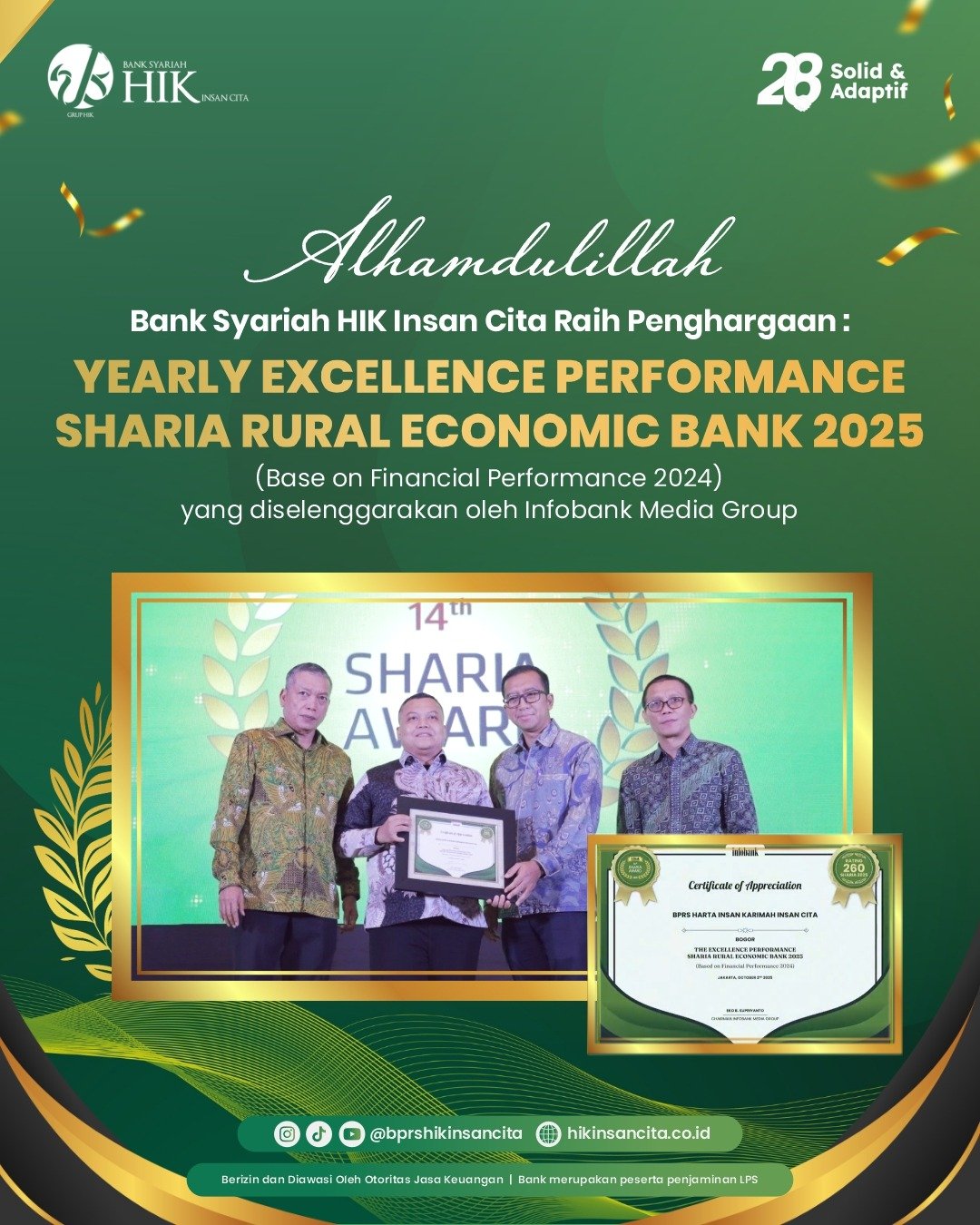 Bank Syariah HIK Insan Cita Raih Penghargaan: Yearly Excellence Performance Sharia Rural Economic Bank 2025
